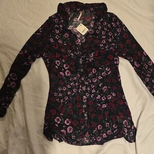 Free People Lucky Shirtee Black Floral Blouse
